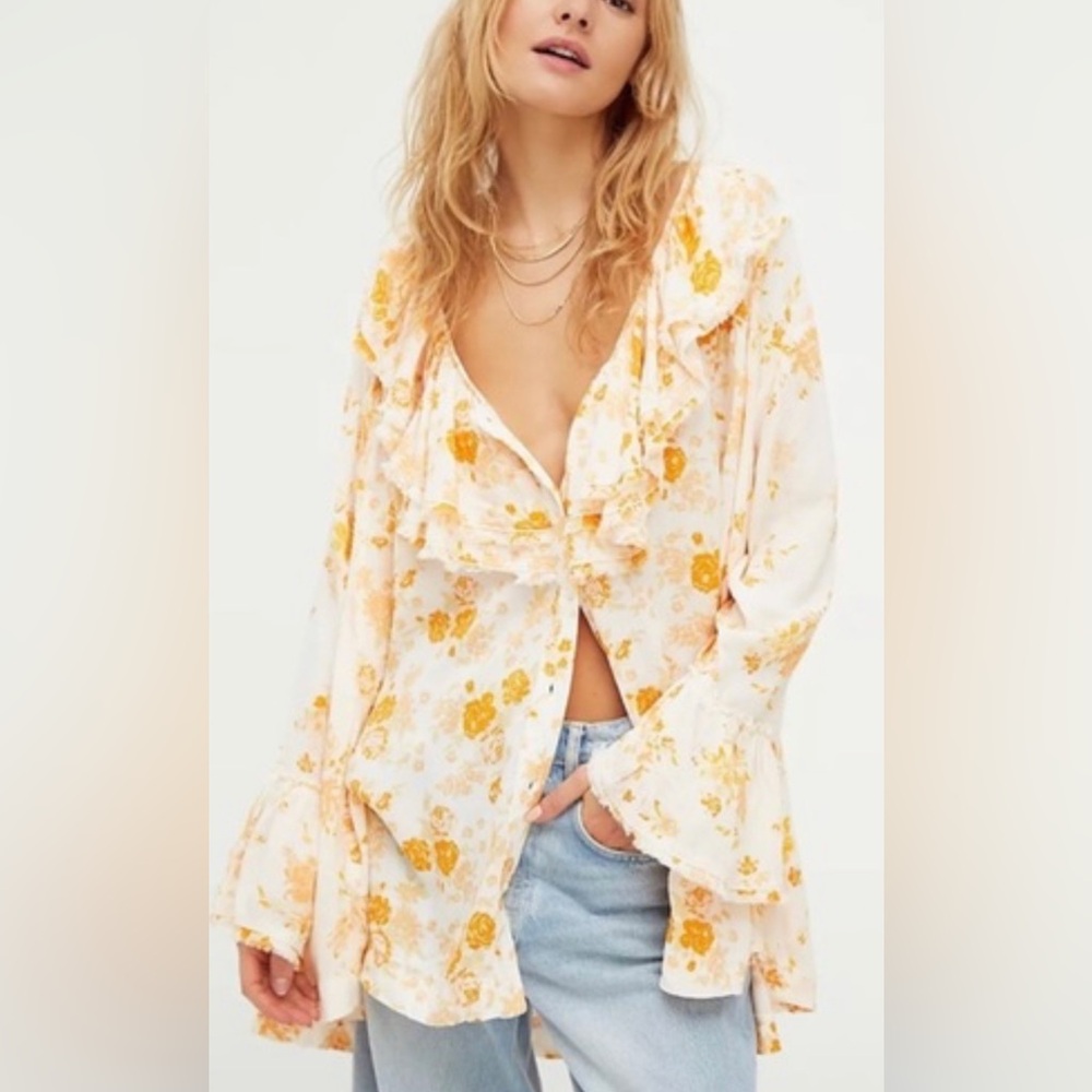 Free People White and Yellow Floral Ruffle Tunic